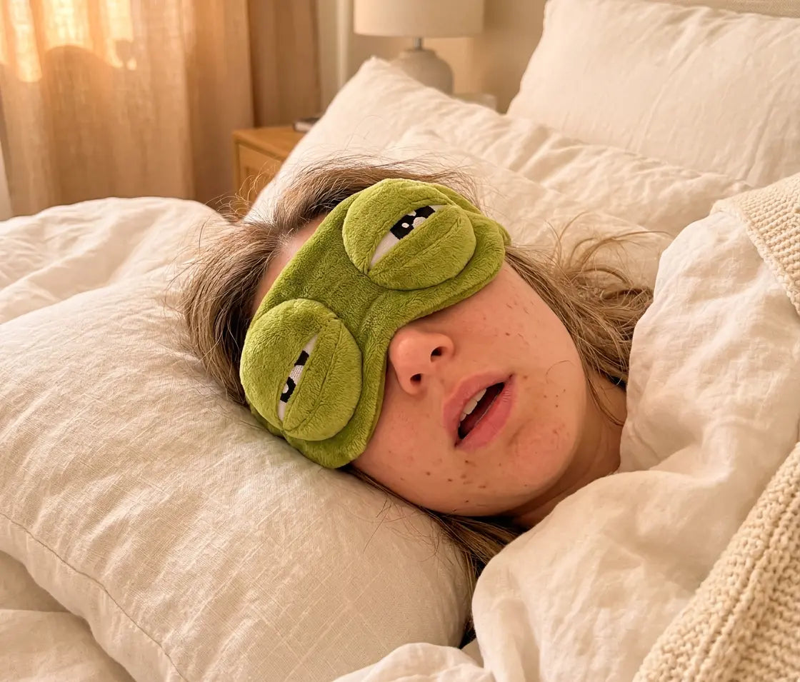 Close-up of the plush 3D frog eyes